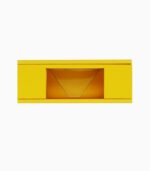 홀로그램 상자 만들기의 완성품을 정면에서 바라보고 찍은 사진으로 사각형의 노란색 상자에 홀로그램 형상을 만들어 주는 렌즈가 중앙에 위치해 있습니다.