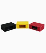 홀로그램 상자 만들기의 완성품 사진으로 검정색 노란색 빨간색 홀로그램 상자 세개를 펼쳐놓고 찍은 사진입니다.